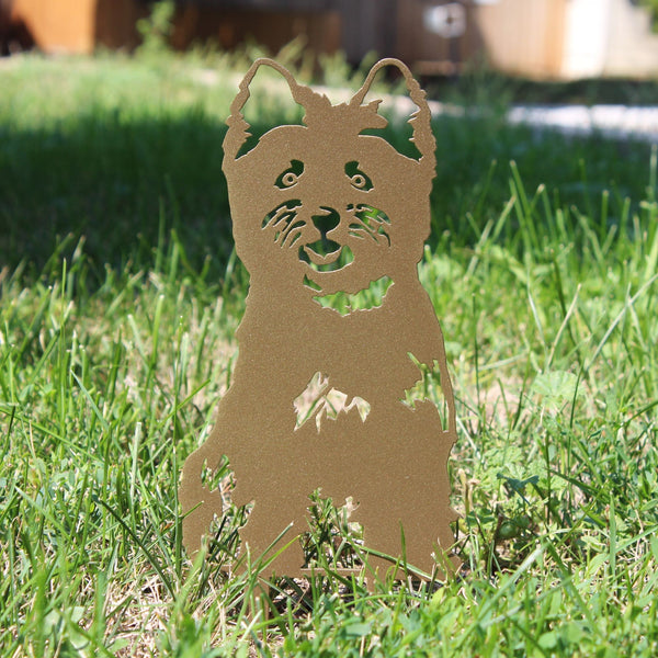 Gold Cairn Terrier Corten steel dog silhouette, shown outdoors – My Metal Rescue