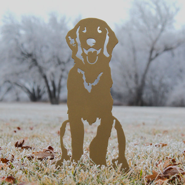 Gold Golden Retriever Sitting Corten steel dog silhouette, shown outdoors – My Metal Rescue
