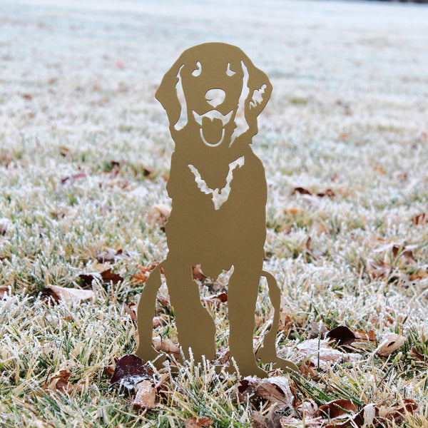 Gold Golden Retriever Sitting Corten steel dog silhouette, shown outdoors – My Metal Rescue