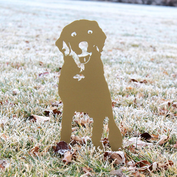 Gold Labrador Retriever Corten steel dog silhouette, shown outdoors – My Metal Rescue