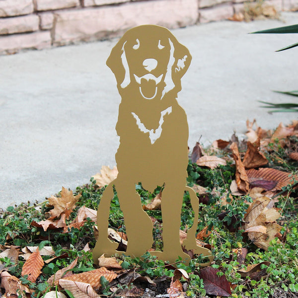 Gold Golden Retriever Sitting Corten steel dog silhouette, shown outdoors – My Metal Rescue