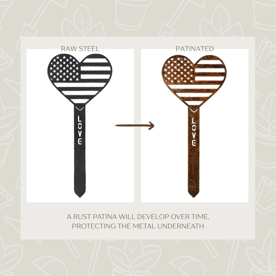 Corten Steel US Flag Heart Garden Stake